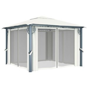 43 1 Pavilion cu perdele & șiruri lumini LED, crem, 3x3 m, aluminiu 43 1