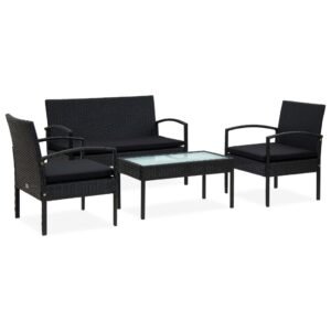 Set mobilier de grădină cu perne, 4 piese, negru, poliratan